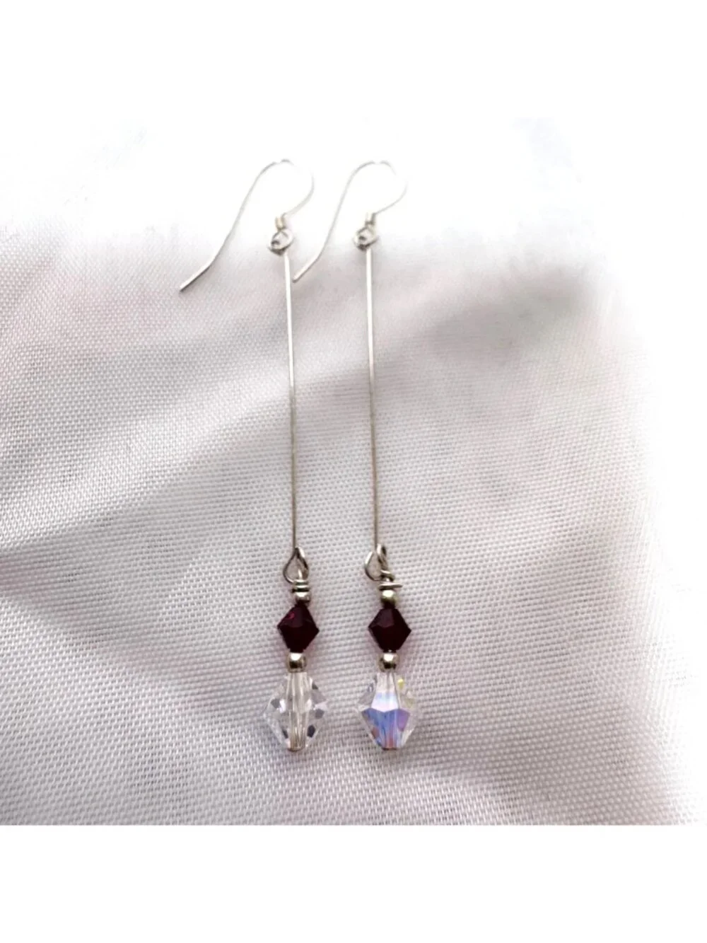 White & Red Crystal Sterling Silver 925 Long Dangle Earrings 2.75